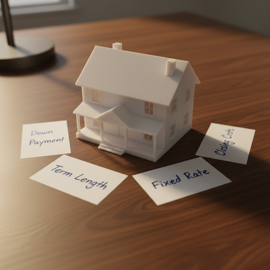 A small architectural model of a modern suburban home, rendered in crisp white plastic with fine details like individual windowpanes, a subtle front porch, and a sloped roof, sits centered on a dark walnut table. Surrounding the model are four neatly arranged white index cards bearing legible phrases like “Down Payment”, “Term Length”, “Fixed Rate”, and “Closing Costs” in dark blue ink. A softly glowing desk lamp outside the frame casts warm, focused light from the upper left, creating gentle, long shadows from the model and cards. Photographic realism with a slight low-angle perspective and moderate depth of field draws attention to the model, creating an inviting, aspirational yet educational mood about building the right mortgage plan.