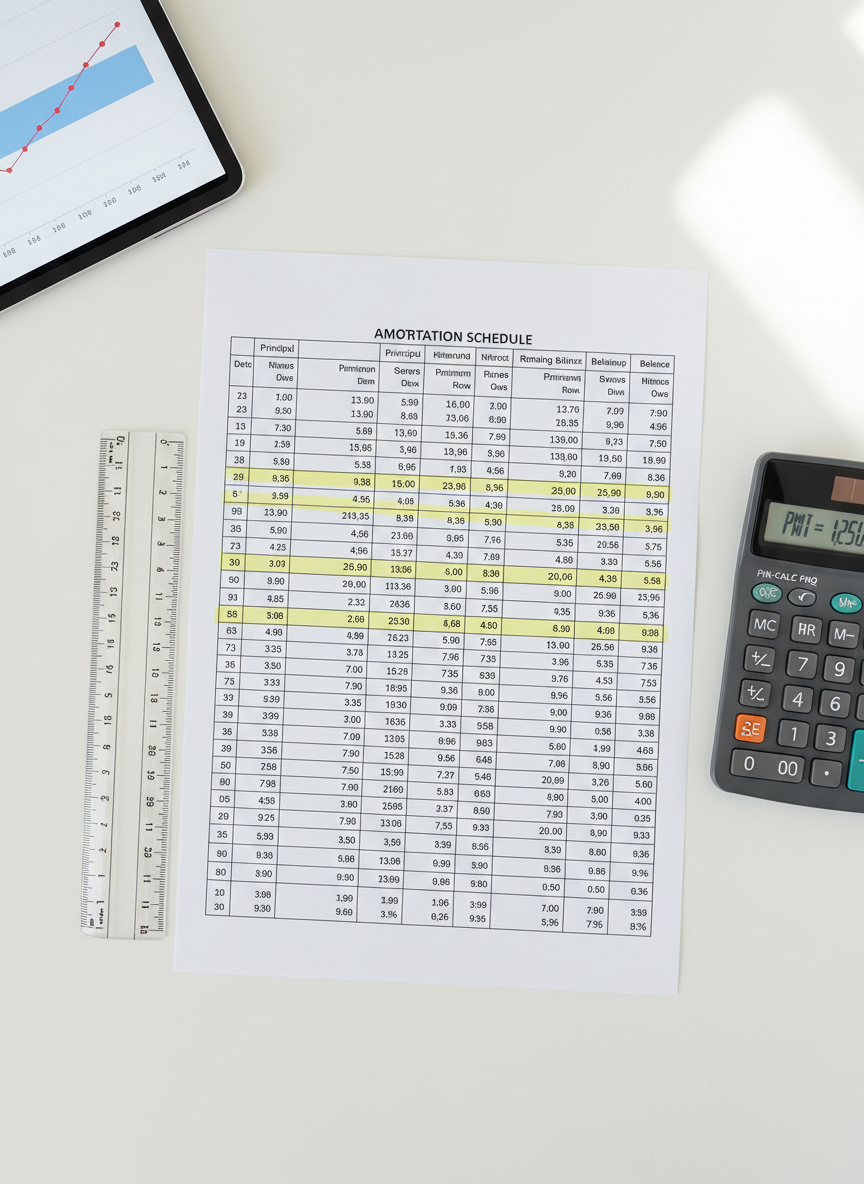 A detailed overhead view of a clean white desktop displaying a printed amortization schedule with neatly aligned rows and columns of numbers, marked occasionally with precise yellow highlighter. A transparent acrylic ruler lies perfectly parallel to the page margin, and a matte gray calculator with softly backlit buttons sits to the right, mid-calculation. In the top corner, a slim tablet displays a blurred line graph suggesting interest rate changes. Cool, indirect daylight from above and to the right creates a bright, analytical atmosphere with minimal shadowing. Photographic realism with full sharp focus across the composition emphasizes clarity and accuracy, suggesting deep-dive explainer content about how mortgage payments work over time.