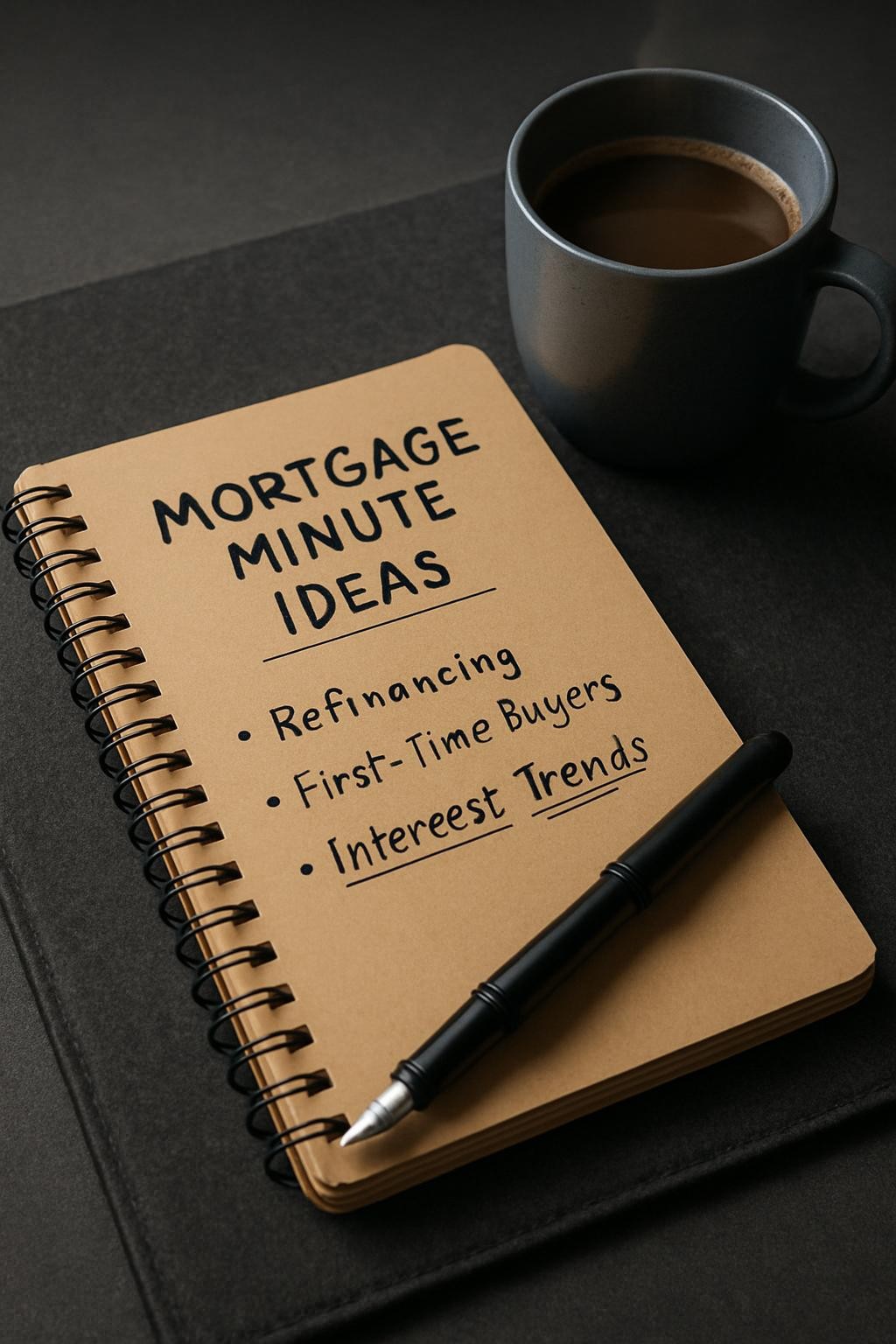 A spiral-bound notebook with a kraft paper cover titled “Mortgage Minute Ideas” in handwritten black ink lies open on a charcoal gray felt desk mat. On the open page, neatly written bullet points about refinancing, first-time buyers, and interest trends are visible, along with a few underlined phrases. A sleek black fountain pen with a stainless steel nib rests diagonally across the page. A ceramic mug in muted navy, filled with coffee, sits nearby, faint steam rising. Overhead, soft studio lighting creates even illumination with subtle highlights on the pen and mug, and minimal shadows. Photographic realism with a slightly elevated angle and shallow depth of field gives the notebook prominence, evoking a thoughtful, reflective mood ideal for personal story posts.