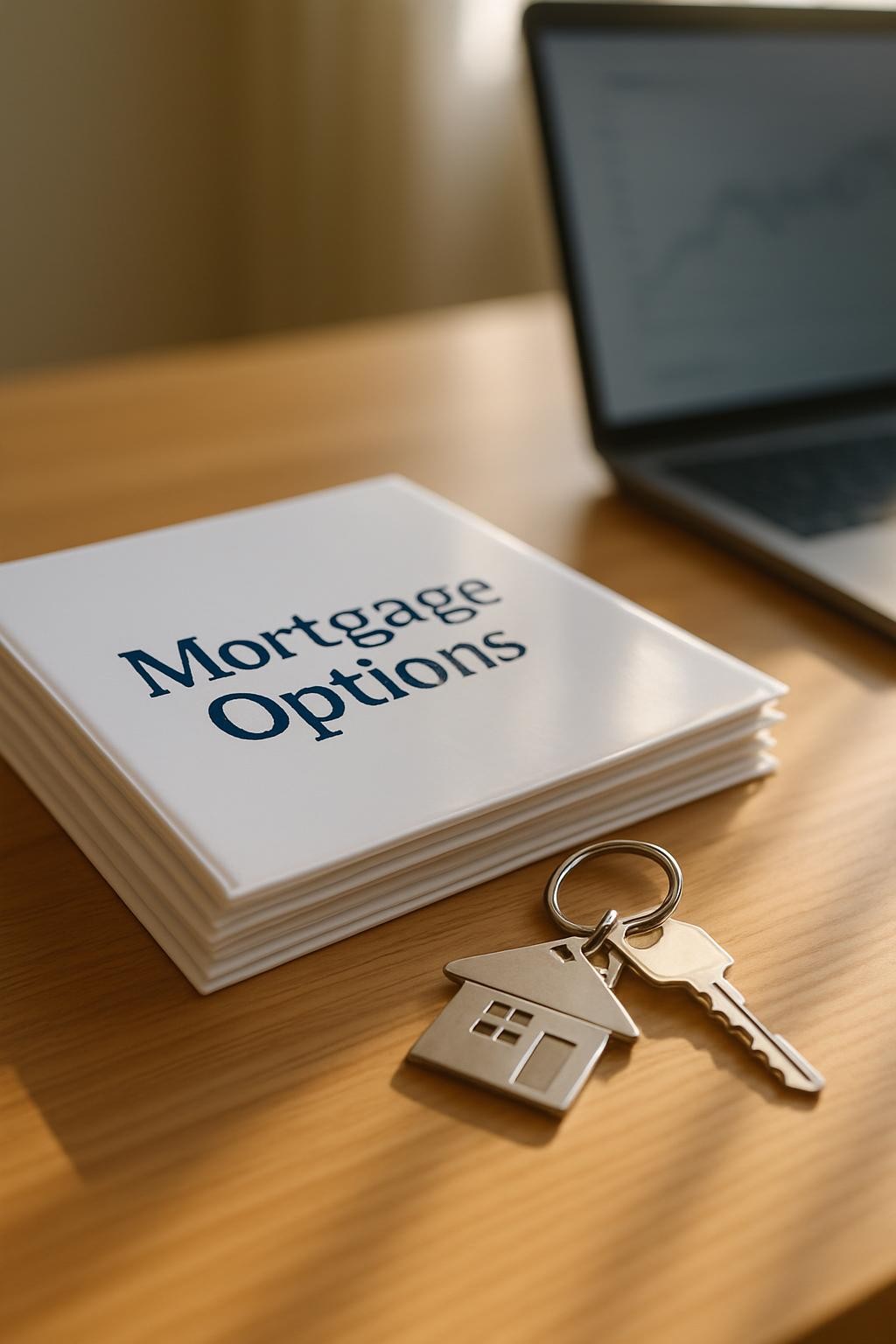 A neatly stacked set of glossy white folders labeled “Mortgage Options” in clean navy lettering, resting on a smooth light oak desk. Beside them lies a silver metal keyring holding a single house-shaped key, its brushed surface catching the light. A modern laptop sits slightly open in the background, screen softly glowing with a blurred chart. Warm afternoon sunlight filters through an unseen window, casting gentle, elongated shadows and subtle reflections on the desk. Photographic realism, eye-level composition with a shallow depth of field keeps the folders and key in crisp focus while the background falls into creamy bokeh, creating a calm, professional, and reassuring atmosphere suited for an educational mortgage blog.